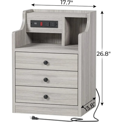 Night Stand Set 2, Nightstand with Charging Station & Hutch,Night Stands for Bedrooms Set of 2, Bedside Table with Drawers