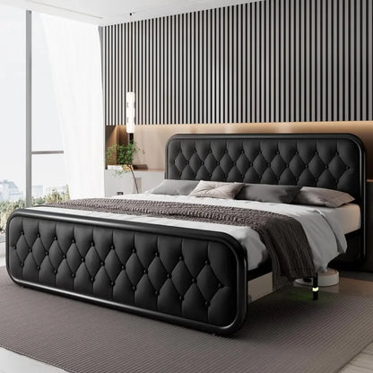 Marco de cama tamaño king Marco de cama resistente con cabecero de cuero sintético Muebles de dormitorio Almacenamiento debajo de la cama de 12" Negro