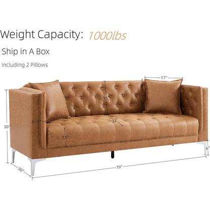 79'' Modern Sofa Couch for Living Room, with Deep Seats and 2 Pillows, Handmade Button Tufted Leather Couch Brown