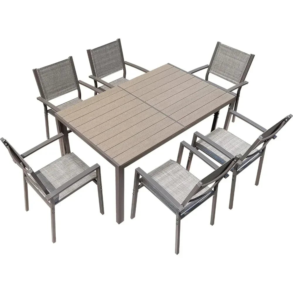 7 Piece Patio Dining Set Outdoor Furniture Set with Weather Resistant Table and 6 Stackable Textilene Chairs for Garden, Yard