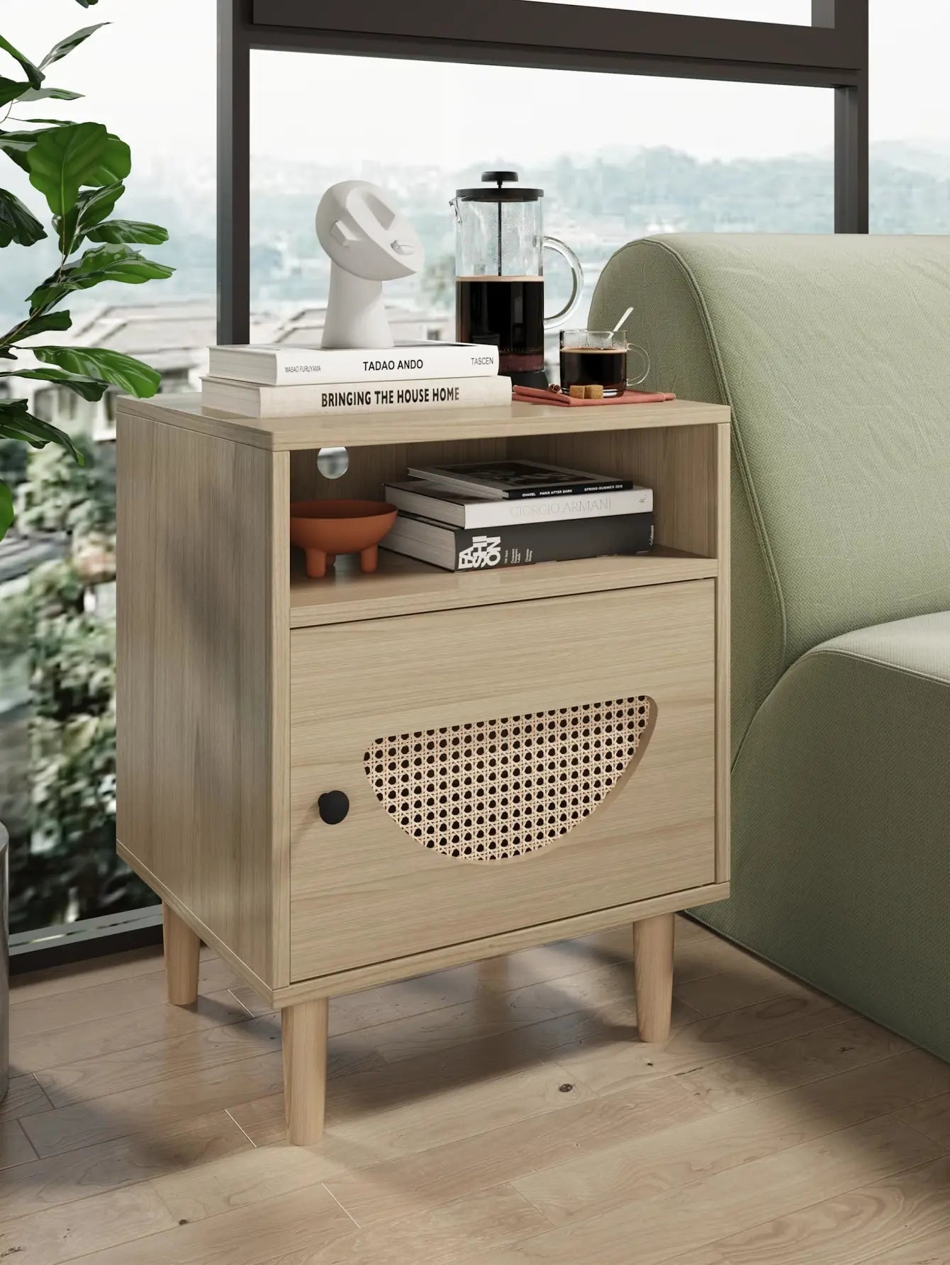 Rattan Nightstand Set of 1/2 with Charging Station, Boho End Table, Side Table with USB Ports & Power Outlets,1 Storage