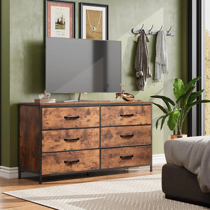 Commode large avec 6 tiroirs, meuble TV pour TV 60", commode double en tissu, grande tour de rangement, commode pour chambre à coucher