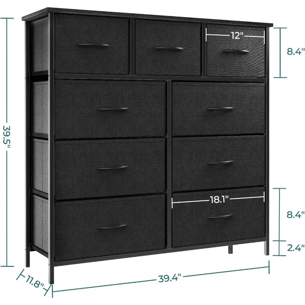 Coiffeuse, commode à 9 tiroirs, commode avec bacs de rangement en tissu, commode haute avec dessus en bois