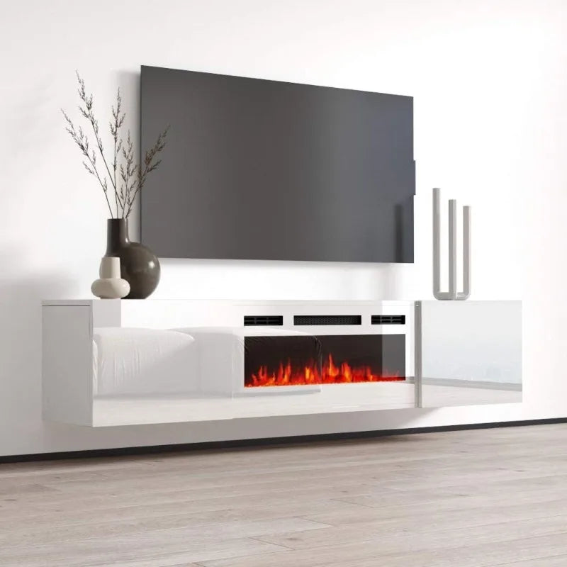 Cali WH-EF Floating Fireplace TV Stand for TVs up to 80", Modern High Gloss 72" Entertainment Center, Wall Mounted Electric