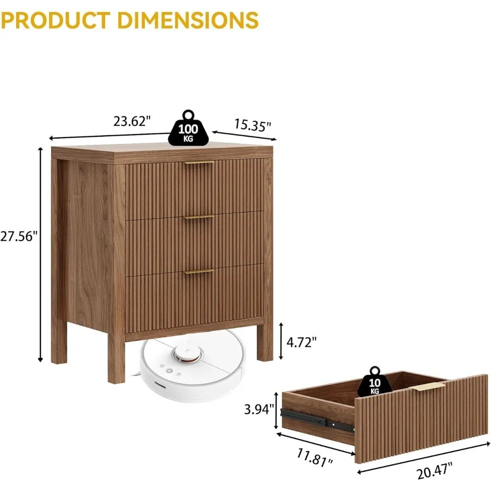 Juego de mesita de noche de 2 piezas con tocador de 3 cajones anchos para dormitorio, habitación de niños, pasillo, mesita de noche de mediados de siglo