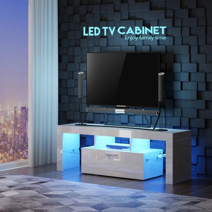 Modern White TV Stand for 32/40/50/55+ Inch TV, Entertainment Center TV Console, 16 Color LED Light Wood TV Table Stand with