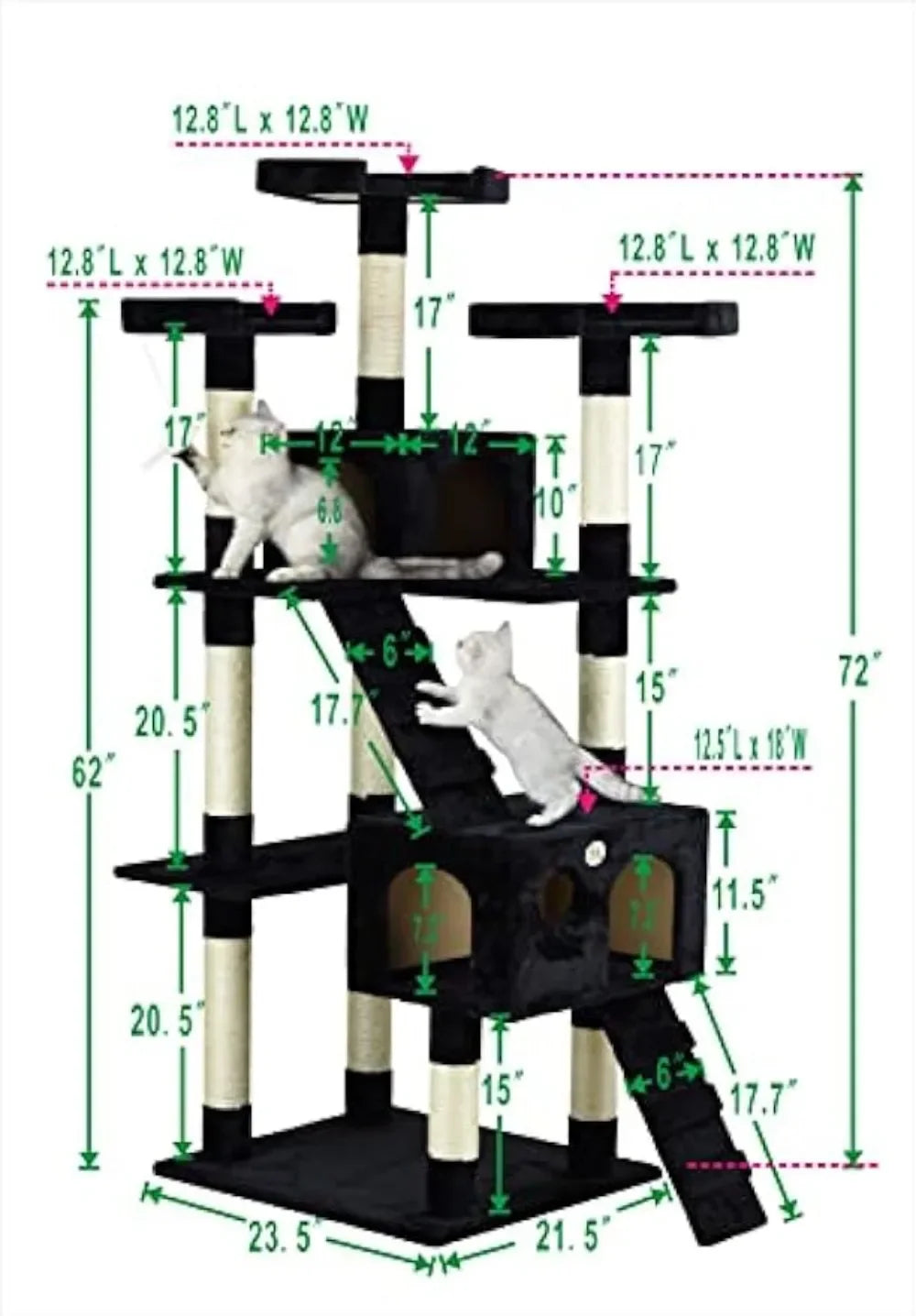 Arbre à chat extra large de 72 po de haut, tour pour chat, maison pour grands chats d'intérieur, jeu, griffoir, cachette, escalade, meubles d'activité avec