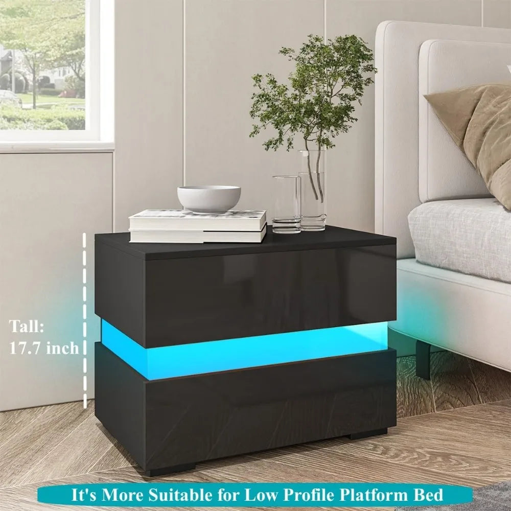 Set of 2 LED Nightstands Nightstand with 2 Drawers High Gloss Night Stands with 16 Colors LED Lights Side Table