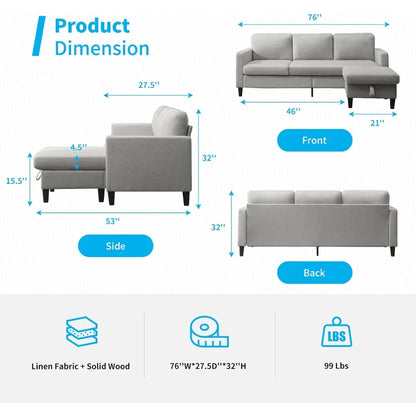 Sofa with storage ottoman 78" wide convertible combination L-shaped sofa, sofa with double chaise longue