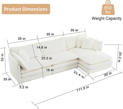 Sofá modular seccional en forma de L de chenilla, cómodo sofá Cloud de 3 plazas con otomana/chaise longue y 5 almohadas para sala de estar y dormitorio