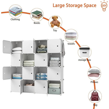 Armoire de rangement portable, organisateur de rangement de vêtements à 16 cubes, meubles de chambre à coucher, blanc, armoire de chambre à coucher