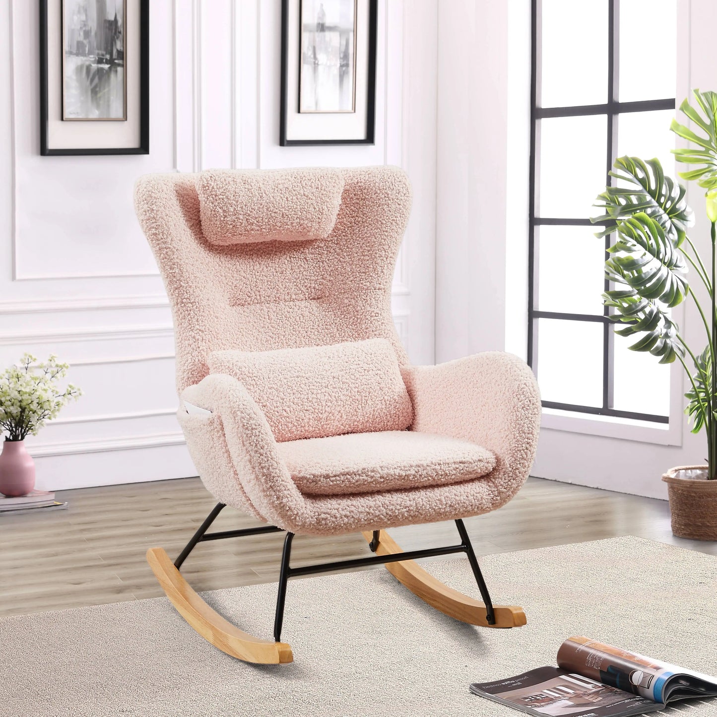 1pc Rocking Chair, High Backrest Rocking Accent Chair, Padded Seat Chaise Lounge With Headrest, Comfy Chair For Home Bedroom