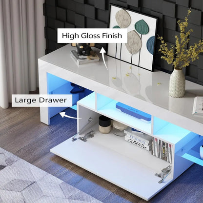 Modern White TV Stand for 32/40/50/55+ Inch TV, Entertainment Center TV Console, 16 Color LED Light Wood TV Table Stand with