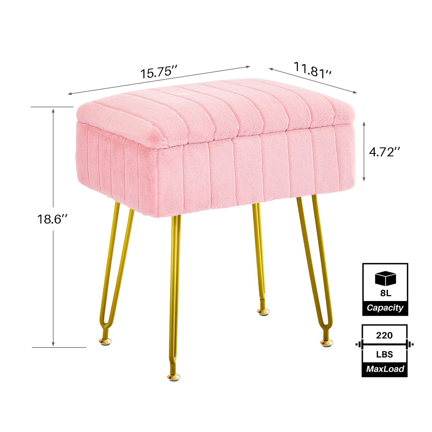 REDLIFE Vanity Stool Chair with Storage Faux Fur Makeup Ottoman, Dresser Furniture with Gold Metal Legs for Bedroom & Livingroom