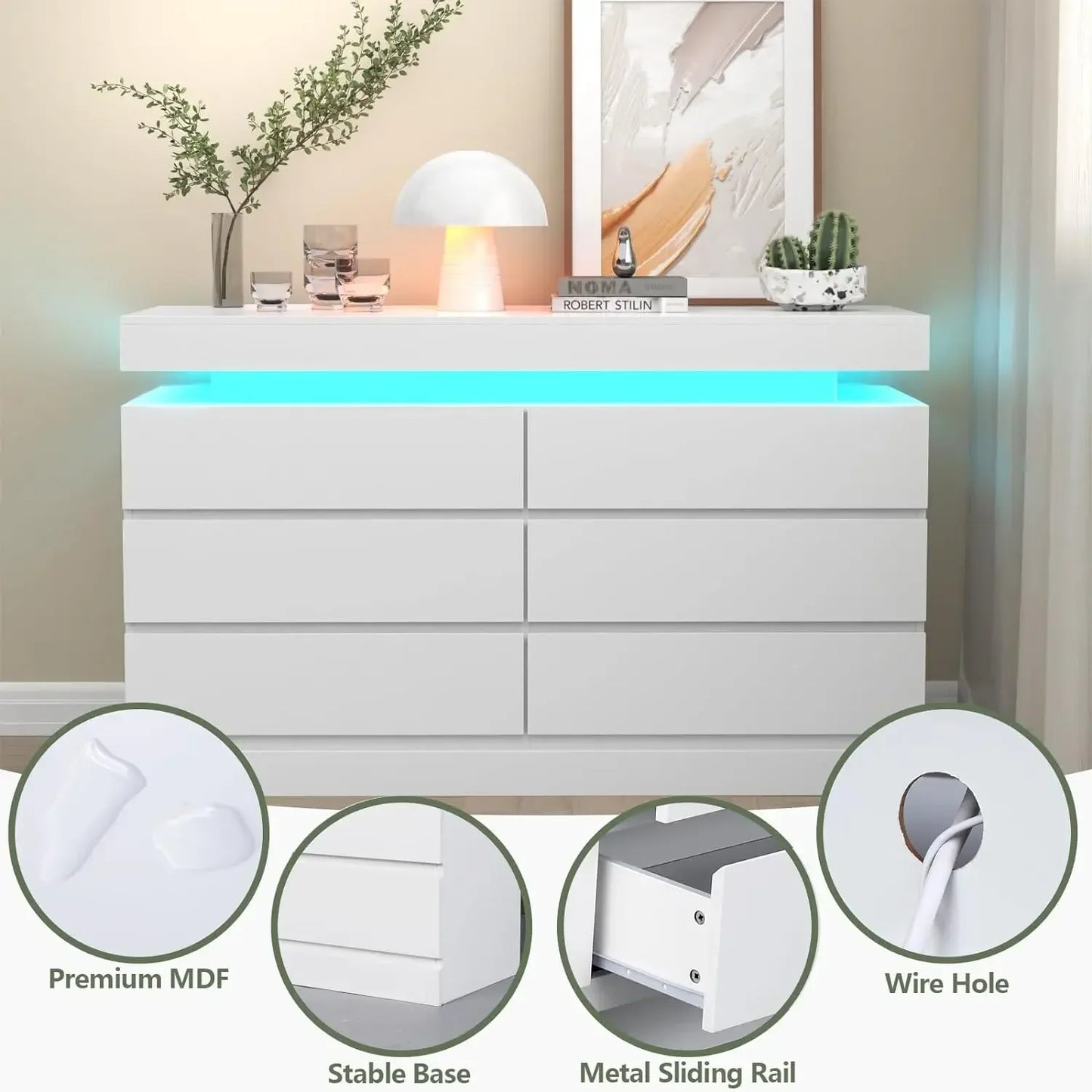 Dresser with Power Outlet, Chest of Drawers with LED Light, White Dresser Organizer with Open Storage Cubby, Modern Nightshatnd