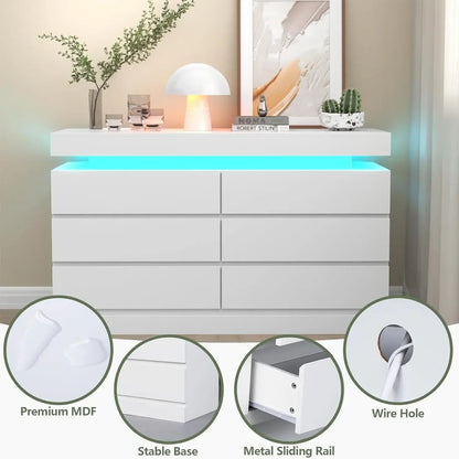 Dresser with Power Outlet, Chest of Drawers with LED Light, White Dresser Organizer with Open Storage Cubby, Modern Nightshatnd