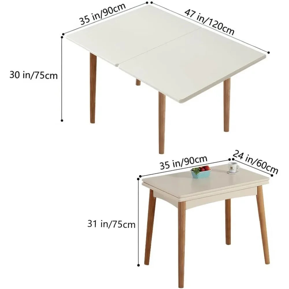 47" Multifunctional Wooden Foldable Dining Table with Thai Oak Legs, Modern Space Saving Kitchen Table for Living Room White