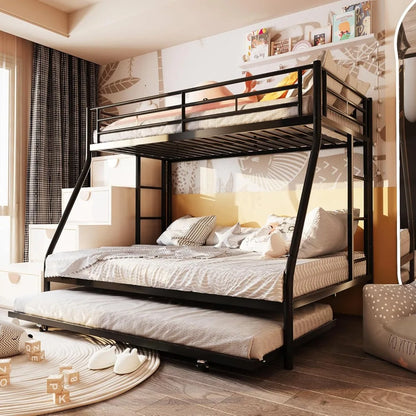 Metal Bunk Twin Over Full, Loft Bed with 2 Secured Ladders, Trundle Bed Twin with Daybed, Space-Saving Bed Frame with Safety