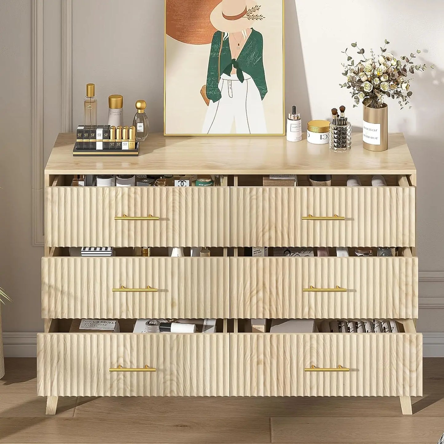 6 Drawer Dresser, Modern Closet Dressers Chest of Drawers with Fluted Panel, Living Room Bedroom Nursery Entryway & Hallway