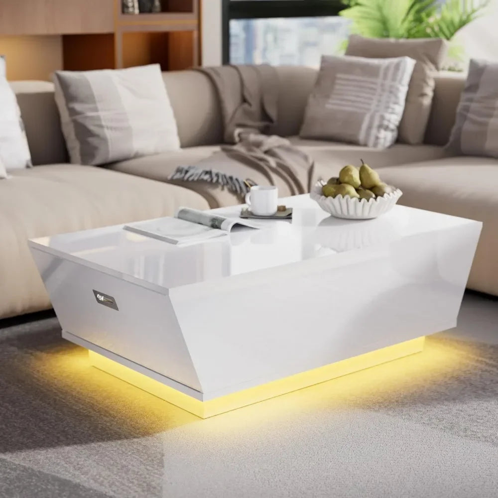 High Gloss Coffee Table with LED, Modern Center Table with 2 LargDrawers for Living Room, White, 47.2" W x 23.6" D x 13.4" H