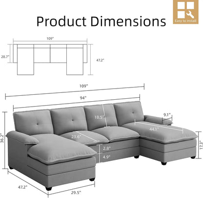 Sectional Couches for Living Room, U-Shaped Couch 4 Seat Sofa Set with Double Chaises, Modern Fabric Modular Sectional Sofa