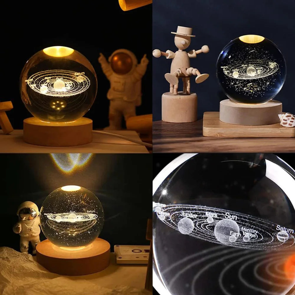 Lámpara de mesa con forma de bola de cristal y luz nocturna LED USB con forma de galaxia, lámpara de luna y planeta 3D, decoración para el dormitorio y el hogar, para fiestas infantiles, regalos de cumpleaños para niños