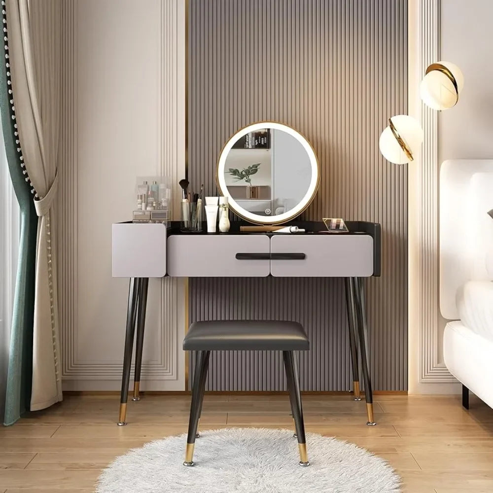 Coiffeuse avec miroir et lampe, 3 modes d'éclairage, ensemble de commode de chambre à coucher avec 3 tiroirs pour femmes / filles gris