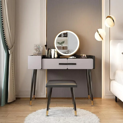 Dressing table with mirror and lamp, 3 lighting modes bedroom dresser set with 3 drawers for ladies / girls grey