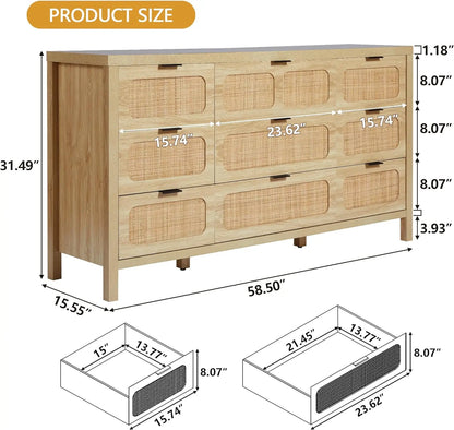 4/6/9 Drawer Dresser, Modern Rattan Dresser Chest with Large Storage and Metal Handles, Rustic Wood Storage Chest of Drawers