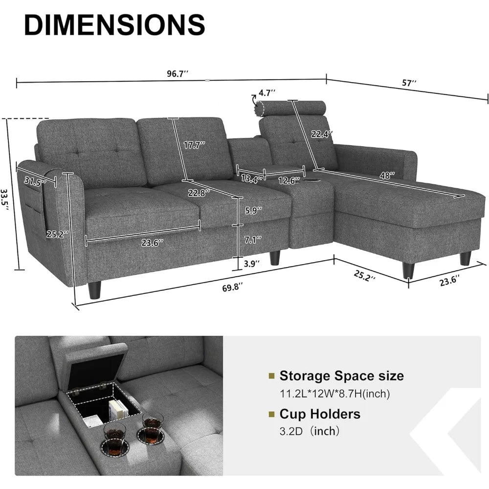 Sofa, Convertible Modular L-shaped Sofa with Cup Holder, 4-seater Sofa with Double-sided Chaise Longue, Light Grey Sofa