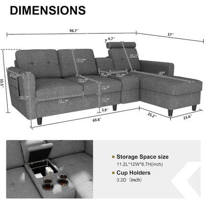 Sofa, Convertible Modular L-shaped Sofa with Cup Holder, 4-seater Sofa with Double-sided Chaise Longue, Light Grey Sofa