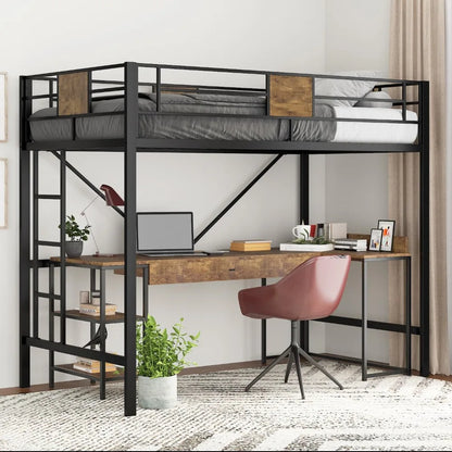 Twin Size Loft Bed Frame with Fully Enclosed Guardrail, one-piece ladder Removable Ladders, Space-Saving