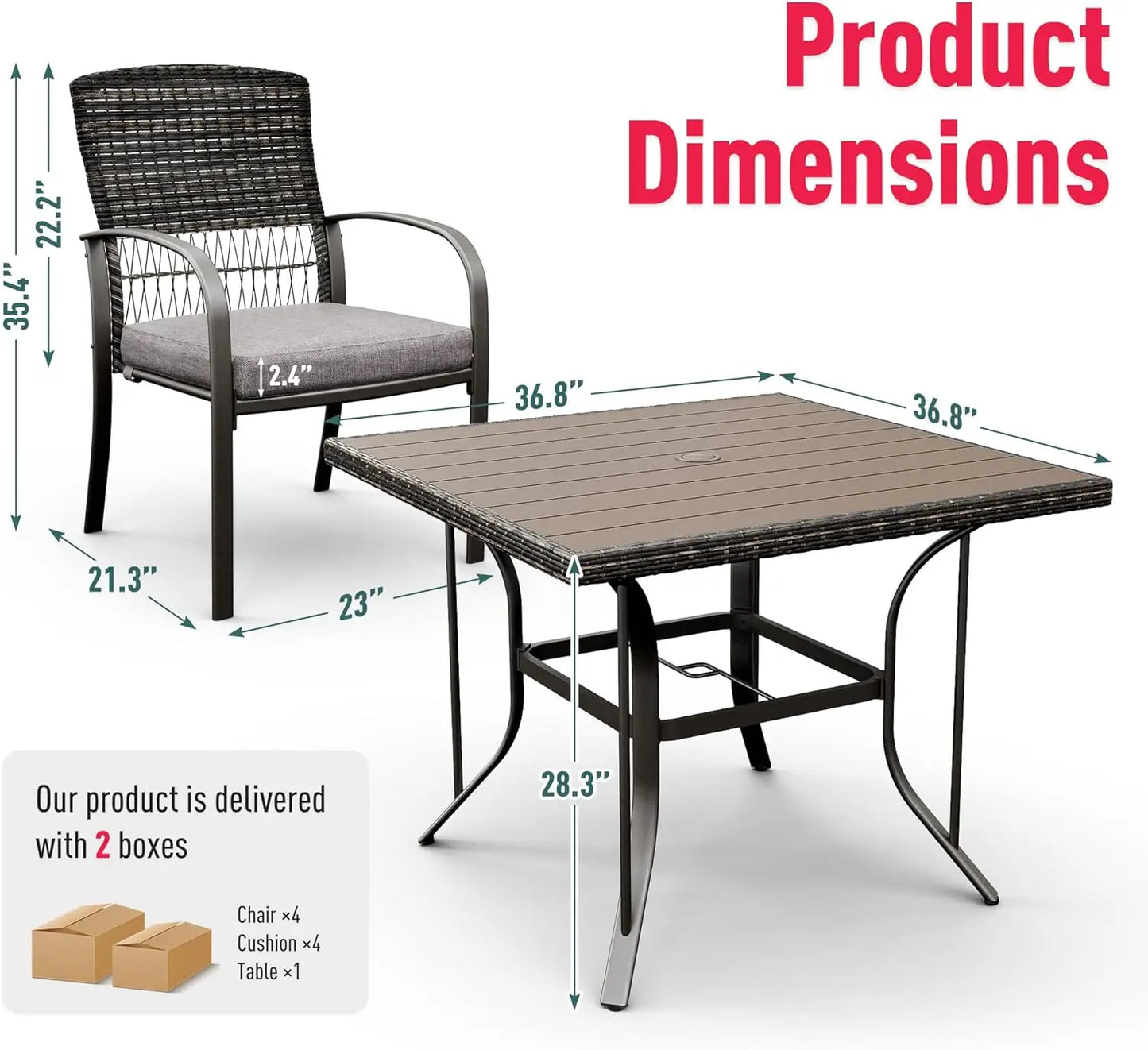 5 Piece Outdoor Dining Set, Rattan Outdoor Patio Furniture Set for Deck Backyard with Plastic-Wood Outdoor Dining Table