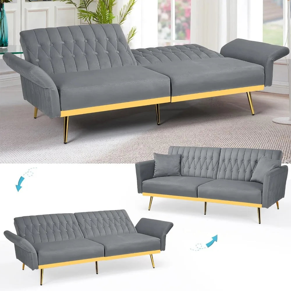 70in Velvet Futon Sofa Bed W/Adjustable Backrests and Armrests, Convertible Futon Couch with Two Pillows, Tufted Sleeper Bed