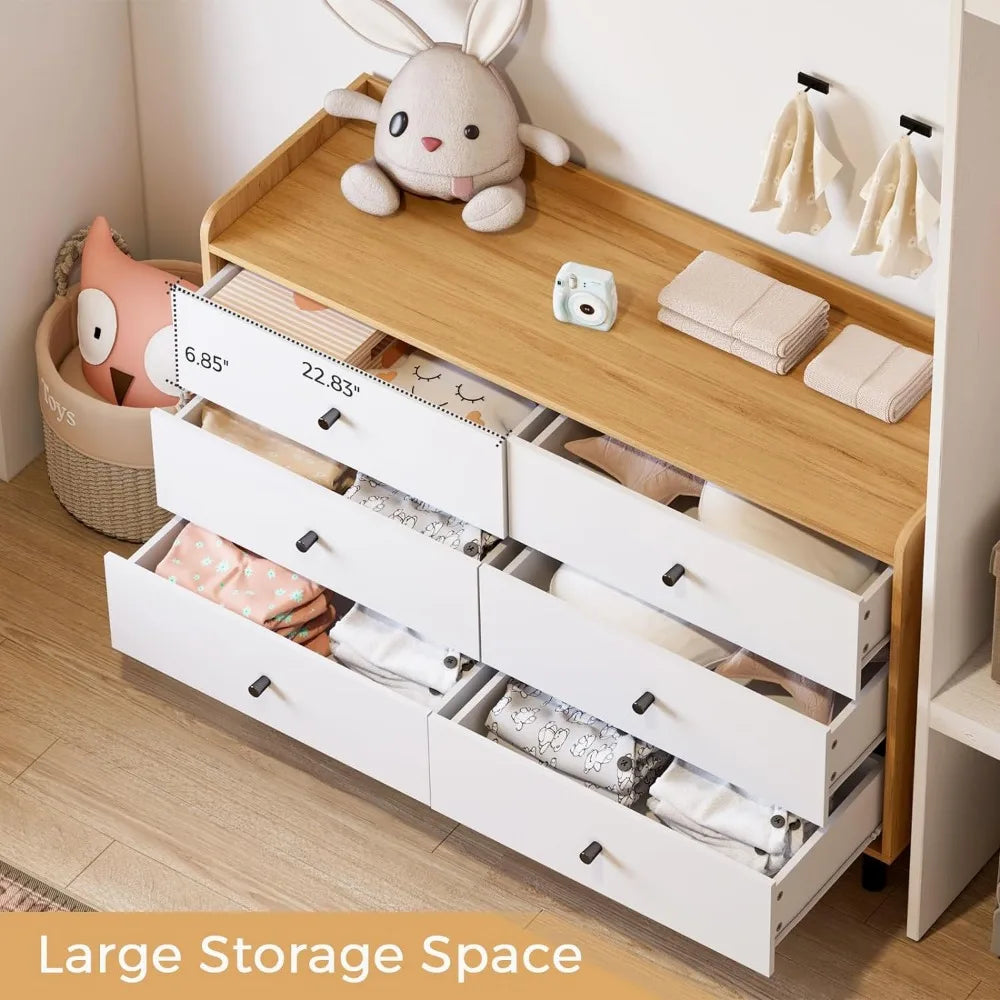 MAISONPEX Dresser for Bedroom with 6 Drawers and Metal Handle,Sturdy Frame Modern Bedroom Furniture, Chest of Drawers, White Dre