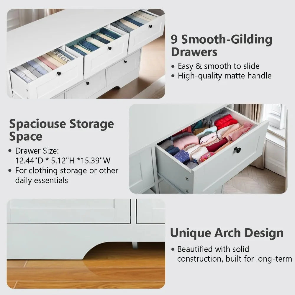 9 Drawer Dresser, White Long Dresser for Bedroom, Modern Wood Wide Dresser, Large Storage Chest of Drawers for Living Room