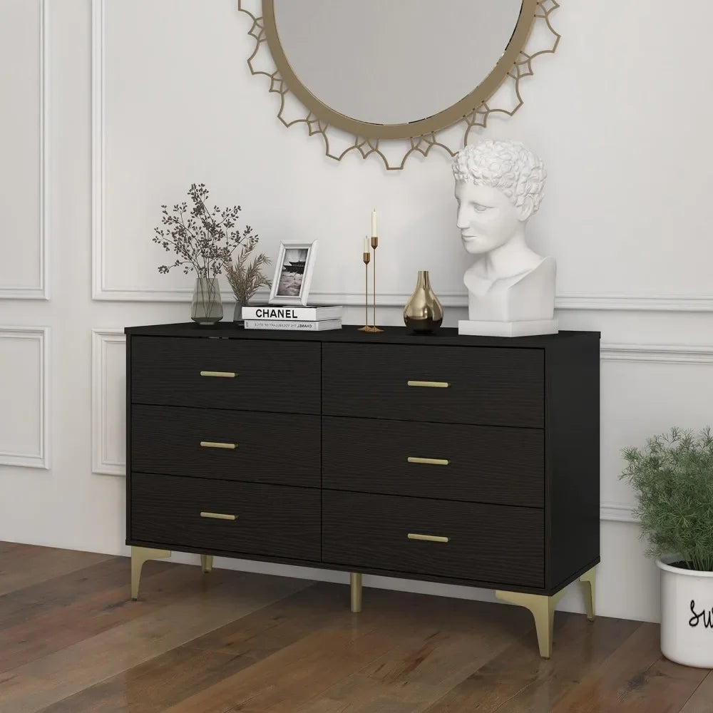 Commode moderne en bois à 6 tiroirs, commode latérale en bois, organisateur de rangement avec tiroirs larges et poignées en métal doré pour chambre à coucher