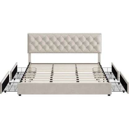 Cadre de lit king size avec 4 tiroirs de rangement, lit plateforme rembourré moderne avec support à lattes en bois, pas besoin de sommier (beige)