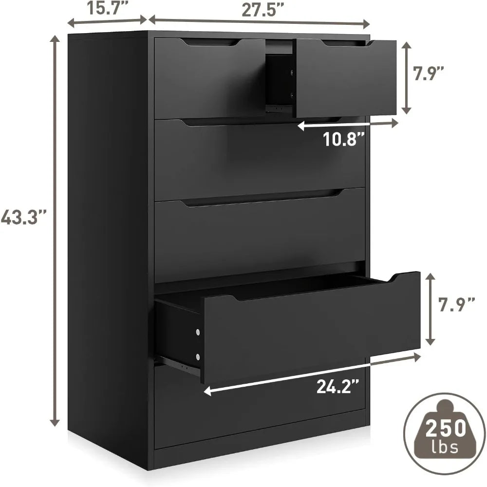 Cómoda para dormitorio, cómoda con 6 cajones de madera, cómoda alta con organizador grande, cómodas y cajones de madera color negro