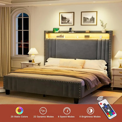 King Size Bed Frame With Tall Headboard & LED Light,Velvet Upholstered Wingback Storage,with Charging Station,bed Frame