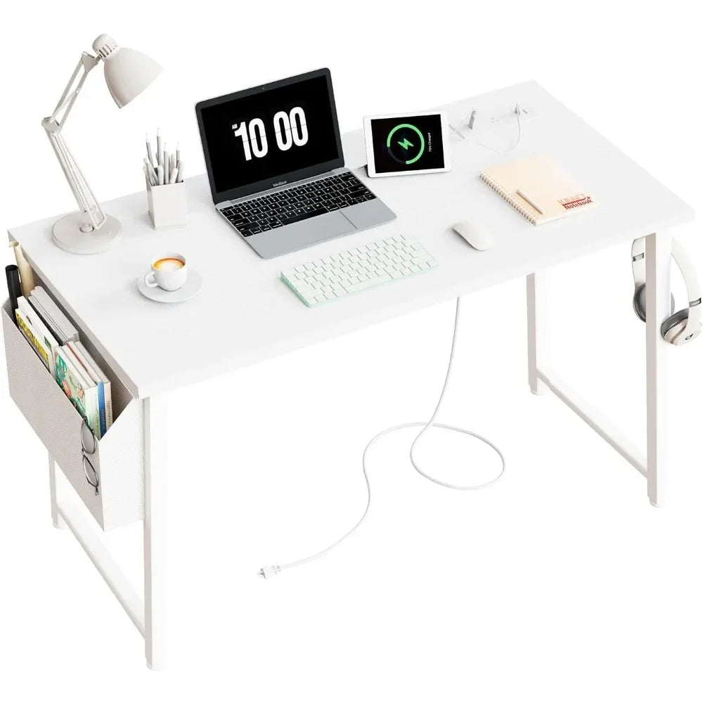 Escritorio de computadora blanco de 39 pulgadas con toma de corriente, mesa plegable, muebles para habitación, escritorios de estudio, lectura, juegos, accesorios de oficina