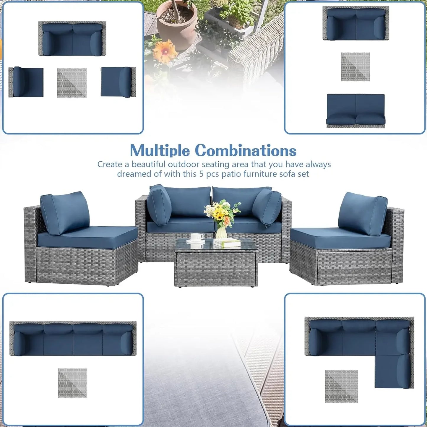 Shintenchi 5 Pieces Outdoor Patio Sectional Sofa Couch, Silver Gray PE Wicker Furniture Conversation Sets with Washable Cushions