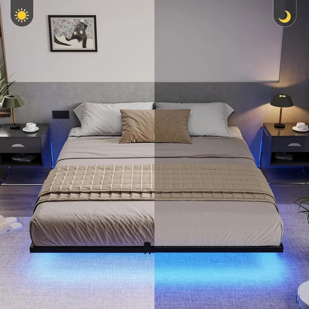 Floating California King Size Bed Frame with LED Lights Metal Platform Bed No Box Spring Needed Easy To Assemble California King