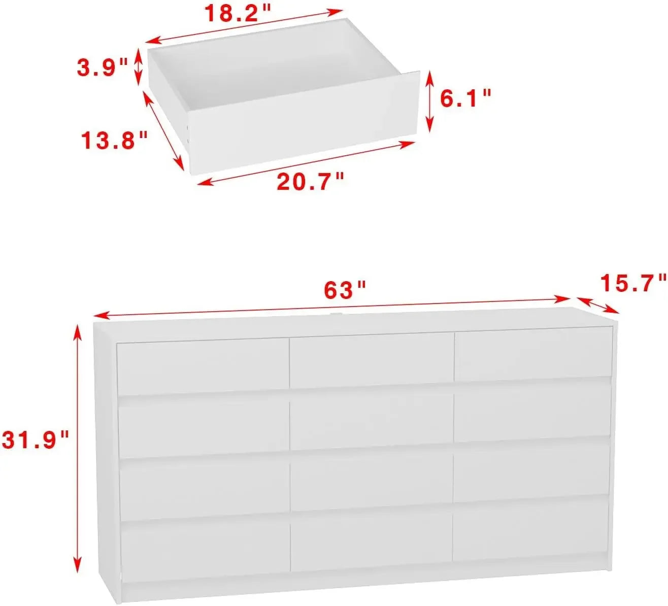 Spacious Dresser No Handles,6/9/12 Drawer Chest w/ Wide Storage, Modern Contemporary Cabinet,Black/White/Brown/Oak-White