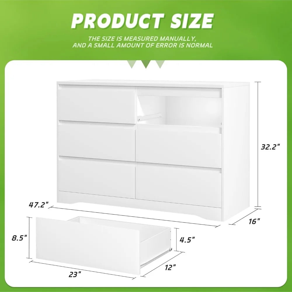 Cómoda blanca con cajones profundos, cómoda moderna de 6 cajones para dormitorio, cómoda grande de madera para dormitorio, cómoda de madera blanca