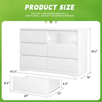 Cómoda blanca con cajones profundos, cómoda moderna de 6 cajones para dormitorio, cómoda grande de madera para dormitorio, cómoda de madera blanca