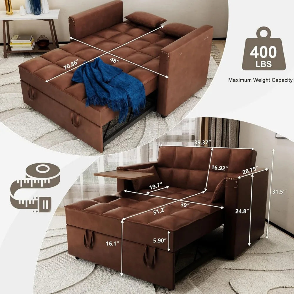 Convertible Sofa Bed, Velvet Sleeper Couch Pull-Out Bed, 48'' Loveseat Chaise Lounge with Adjustable Backrest and Pillows