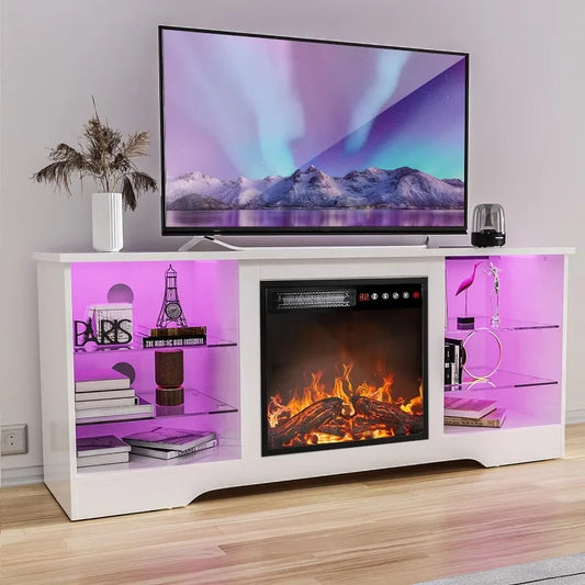 Meuble TV avec cheminée de 18 pouces, centre de divertissement moderne pour téléviseurs jusqu'à 65 pouces, console TV multimédia avec verre réglable