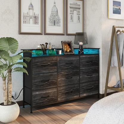 Commode blanche avec éclairage LED pour chambre à coucher Commode à 9 tiroirs avec station de charge Commode à tiroirs Cadre en acier Plateau en bois