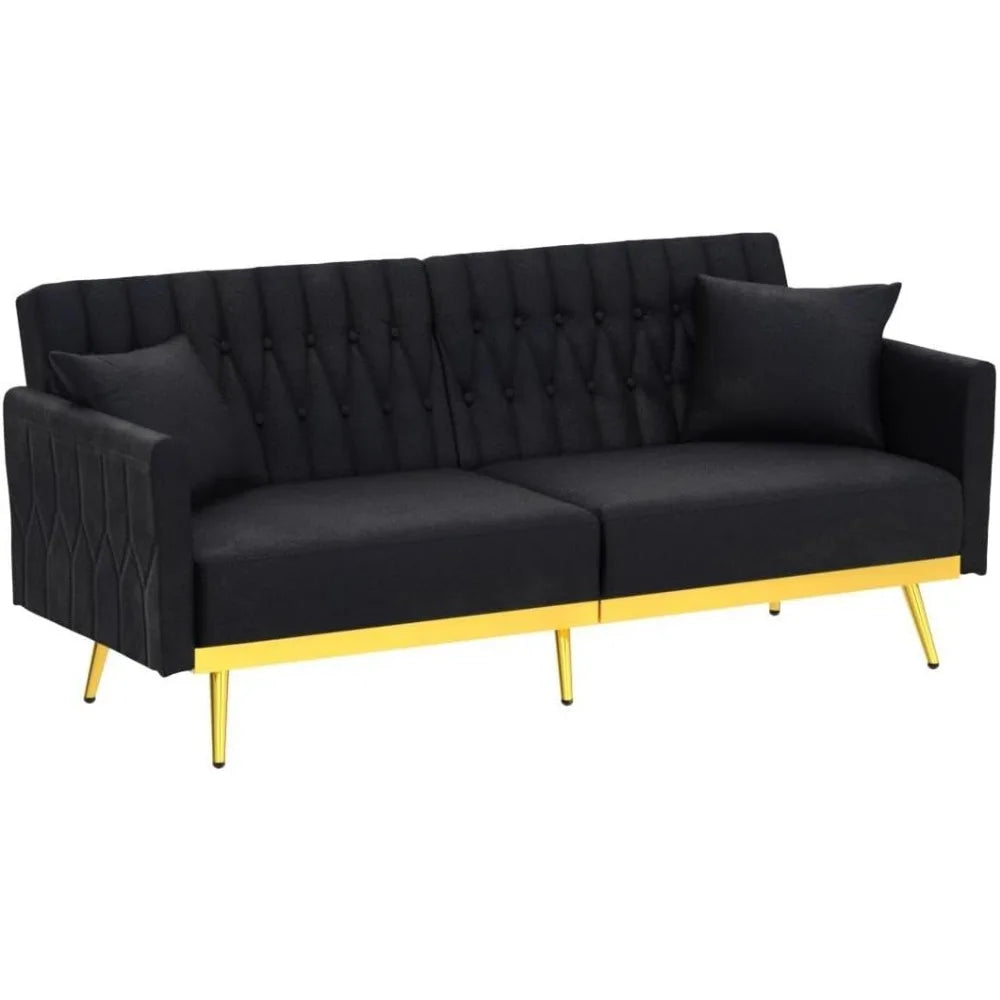 Velvet Futon Sofa Bed with 2 Pillows and Adjustable Armrests, Convertible Sleeper Bed, Sofa